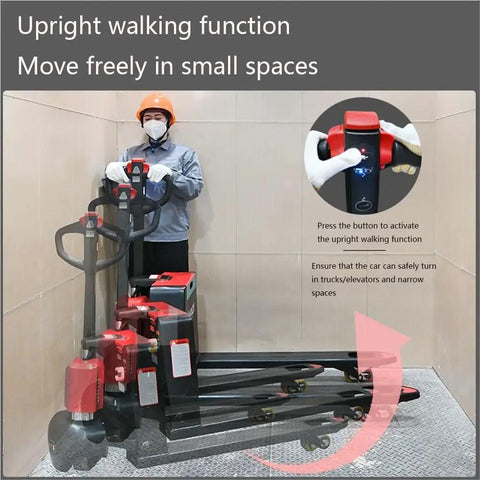 Heavy Duty Electric Pallet Jack With 3300 Lb Capacity And Fast Charging Lithium Battery Designed For Tight Spaces and serious warehouse hauls in use, demonstrating upright walking function.