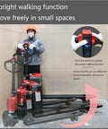 Heavy Duty Electric Pallet Jack Designed To Haul Up To 3300 Lbs Of Inventory Without Breaking A Sweat On Warehouse Floors Using Reliable 48V Lithium Power in corner space.