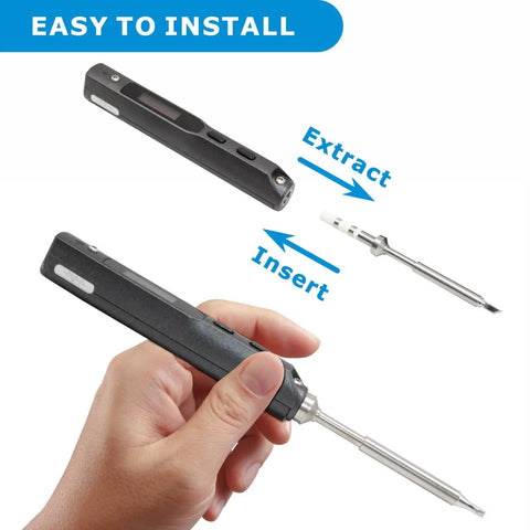 Hand installing soldering tip into iron, part of Six Piece Pro Grade Soldering Tips Kit For TS100 TS101 And Pinecil V2 Soldering Iron