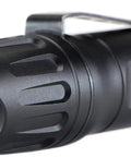 Close-up of rear button on Beefy Tactical LED Flashlight 1018 Lumen Power, 227 Meter Beam, Aluminum Body, pocket clip visible