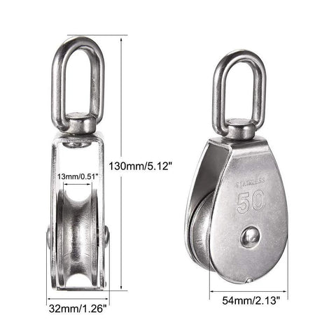 Front and side view of Two Pack M50 Single Pulley Block in 304 stainless steel with dimensions for lifting and rigging, corrosion resistant.