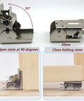 Two Pack 90 Degree Self Locking Folding Hinge Steel Foldable Bracket Hidden Hinge with open and closed positions shown.