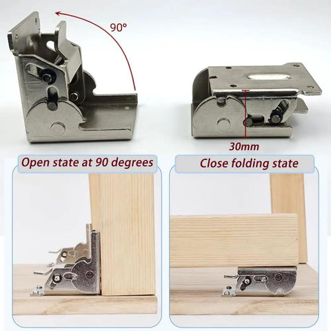 Two Pack 90 Degree Self Locking Folding Hinge Steel Foldable Bracket Hidden Hinge with open and closed positions shown.