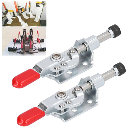 Two Pack Dead Nuts Tight Push Pull Toggle Lever Clamp With Hefty Coated Handle, iron frame, smooth grip, quick lock mechanism.
