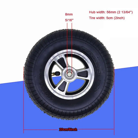 8 Inch X 2 Inch Wheelchair Caster Wheels With Slick Rolling Pneumatic Tires And Tough As Nails Aluminum Alloy Hubs For Powered Chairs Featuring Sure Grip Treads And A Total No Sweat Swap In Setup showing front view with tire and hub dimensions highlighted.