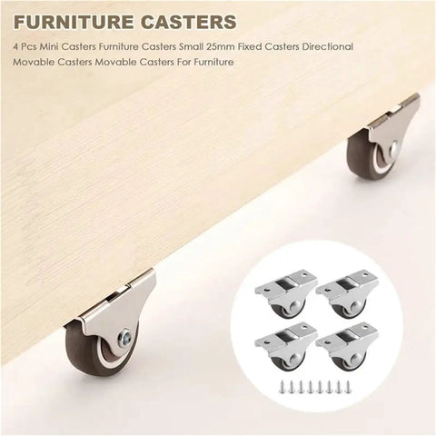 4 Piece Mini Casters 25Mm Furniture Wheels Heavy Duty Roller Replacement Hardware For Cabinets Desks And Storage Carts on wood surface.
