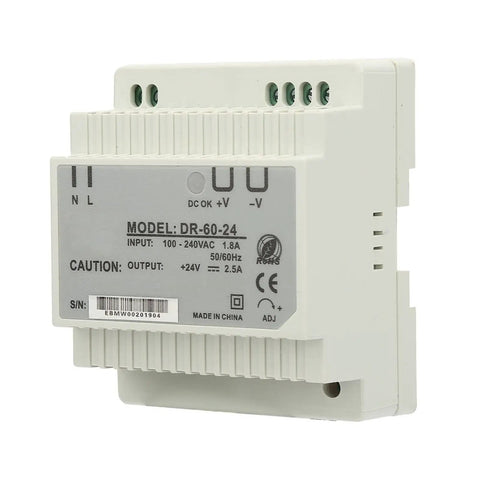 60W 24V DIN Rail Power Supply, Single Output AC DC Switching PSU DR-60-24, white aluminum case