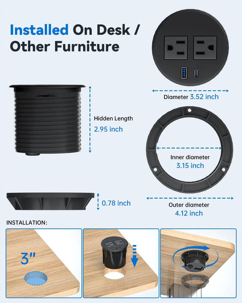 Slick Recessed Desk Power Grommet With 20W Usb C Fast Charging And Dual Usb Ports Flush Mount Strip dimensions and installation details on desk