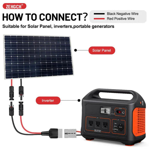 Built Tough 50A Solar Panel Connector With 10AWG Tinned Copper Extension Cable For Solar Generators Inverters And Battery Pack Chargers Five Foot Cord Length connected to a solar panel and inverter.