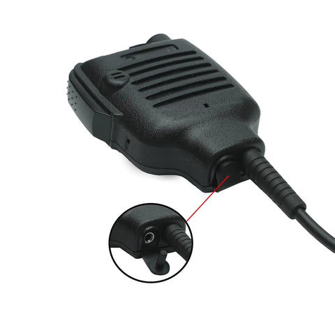 Close-up of Hands Free Speaker Microphone For Kenwood Radios NX And TK Series Remote Shoulder Mic showing connector detail.