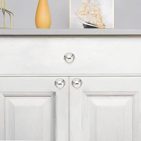 10 Pack Polished Nickel Cabinet Knobs Set for cabinets, drawers, and doors on white cabinet showing sleek solid design