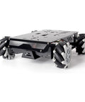 Mecanum-wheel robot chassis toy with four wheels and metal frame, black finish
