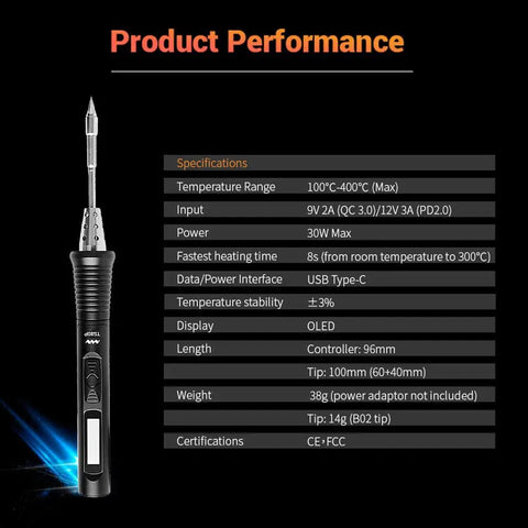 Portable USB Type C Soldering Iron with OLED Display and 30W Power Smart Quick Heat Up to 300 Degrees Celsius specs