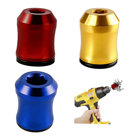 Detachable Magnetic Screw Ring Kit With High Strength Drill Bit Holder For 6.35mm Rods in red, gold, blue; example use with drill