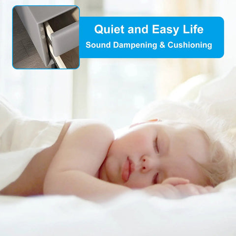 165Pcs Clear Self Adhesive Bumpers Set used in drawers with sleeping baby, demonstrating noise dampening and cushioning, silicone rubber.