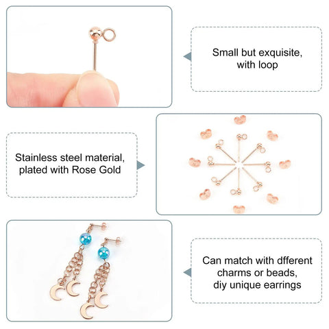 Rose Gold Ball Stud Earrings Pack 30 Hypoallergenic Stainless Steel Posts With Loops And Ear Nuts Dope For Jewelry Making DIY Earrings Crafting 14x3mm Everyday, rose gold stainless steel ball stud with loop