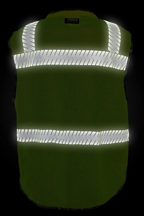 Kickass Class Two Surveyors Safety Vest Featuring Sleek Camo Lower Panel And Striking Reflective Taping Built From Zero Sweat Polyester Mesh For Daily Crew Grind Or Weekend Wild Hunt Ready Setup In Large showing the back with reflective stripes.