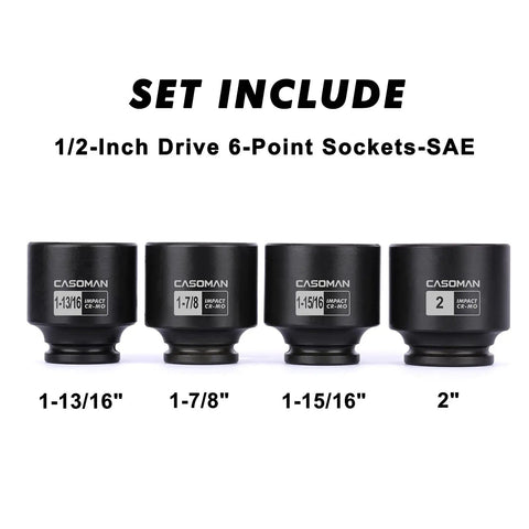 Tough As Nails 1/2 Inch Drive Axle Nut Socket Set, 6 Point CR-MO Steel, 4 Piece With Sizes 1-13/16, 1-7/8, 1-15/16 And 2 Inch