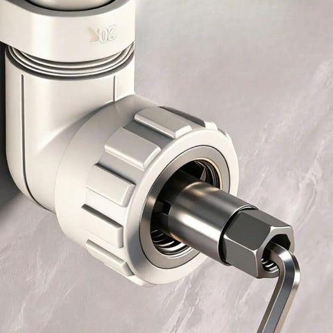 Dual Function Broken Screw Extractor And Thread Tap Tool For Plumbing Rusted Bolt And Pipe Valve Repair Adjustable Front End For 12 And 14 Mm Fittings Forged 45 Steel Construction Handy For DIYers Handymen Pro Grade Pros close-up on pipe fitting