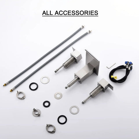 2 Handle Deck Mount Roman Tub Faucet Set In Brushed Nickel accessories layout with hoses and fittings