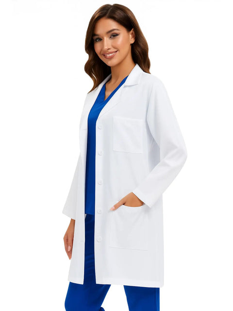 Three Pocket Women's Lab Coat With Long Sleeves White Medical Coat Relaxed Fit Size M worn by a woman with blue scrubs