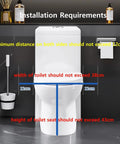 Installation requirements for No Sweat Mobile Electric Commode Chair Smart Wireless Remote Auto Height Boost showing toilet dimensions.