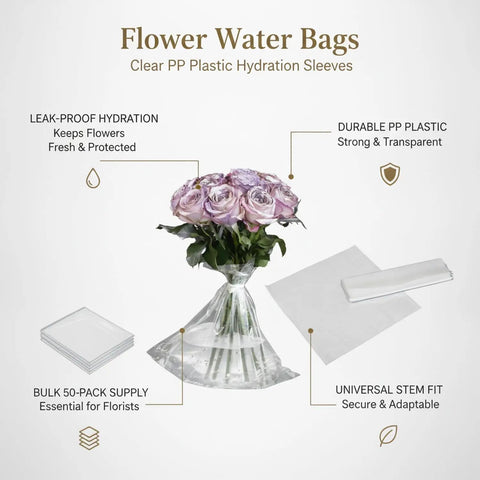 Bouquet in 50 Pack Clear PP Plastic Flower Water Bags For Bouquet Transport And Storage Sleeves That Stay Leak Proof