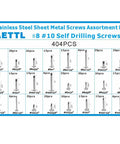 Bad Boys Self Drilling Screws Assortment Kit Packing 404 Pieces Of Tough Stainless Steel Tapping Fasteners with size 8 and 10 screws.