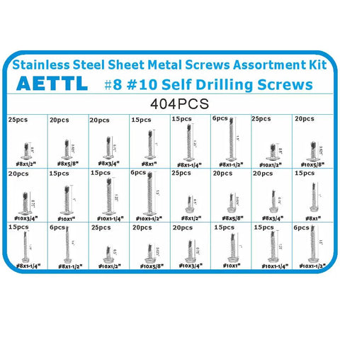Bad Boys Self Drilling Screws Assortment Kit Packing 404 Pieces Of Tough Stainless Steel Tapping Fasteners with size 8 and 10 screws.
