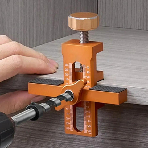 Adjustable Wardrobe Cabinet Door Panel Installer Jig for easy cabinet frame install clamp, aluminum alloy, orange finish, 10mm drill