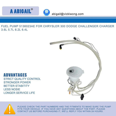 Pro Grade Fuel Pump Assembly For 2005-2014 Chrysler 300, 2008-2016 Dodge Challenger, 2006-2016 Charger, And 2005-2008 Magnum Passenger Side With OE-Quality Fuel Delivery, Rigorous Testing, Easy Install, And Long Lasting Performance shown against informational backdrop.
