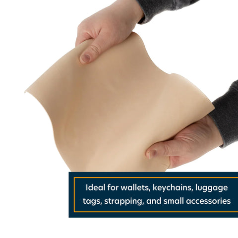 Straight Up Quality Veg Tan Cowhide Sheets For Authentic Leather Crafting 12 By 12 Inches At 3/4 Oz Thick being shaped by hands.