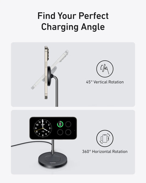 Must Have MagSafe Compatible 15W Fast Charging Stand With MagGo 2 In 1 Wireless Charger Station showing vertical and horizontal rotation