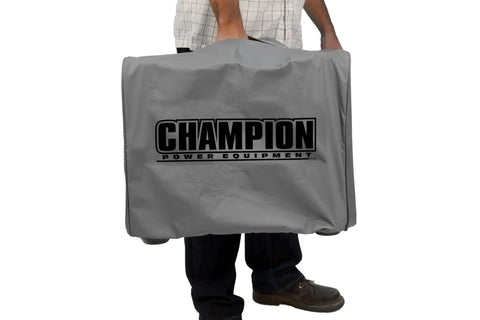 Weather Resistant Vinyl Cover With A Snug Elastic Fit Shields Your 2000 To 4000 Watt Inverter Generator, held by a person.