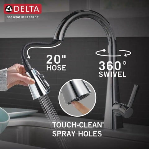 Lenta Chrome Kitchen Faucet With Pull Down Sprayer showing 20-inch hose and 360-degree swivel feature