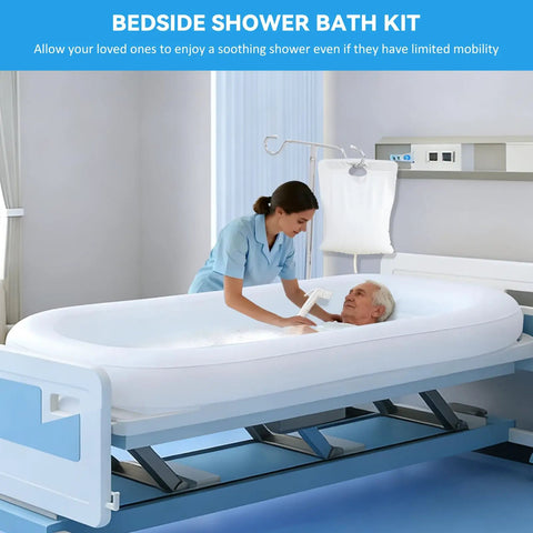 Heavy Duty Inflatable Bedside Shower Bath Kit Made From Medical Grade PVC for easy full body cleansing beside a bed.