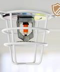 Eight Pack White Fire Sprinkler Head Guard Covers protecting half inch sprinkler with durable white wire frame installation on ceiling.