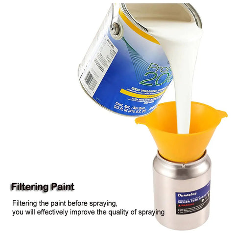 Heavy Duty Suction Feed Air Spray Gun With Nickel Plated Body For Latex Enamel And Stains Includes Filter Cleaning Kit For Knockout Slick Coats On Quick Weekend Shop Jobs pouring white paint into a funnel.