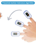 Pulse Oximeter With OLED Display And Respiration Rate Monitor showing motion tolerance on hands