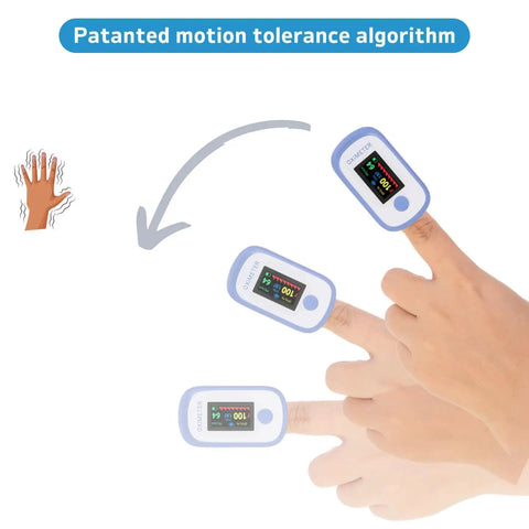 Pulse Oximeter With OLED Display And Respiration Rate Monitor showing motion tolerance on hands