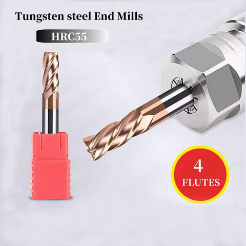 5 Pack Three Eighths Inch Carbide Square End Mills Set Pro Grade HRC55 Tungsten Steel End Mills Four Flutes For Alloy And Hardened Steels CNC Milling Cutters Durable High Wear Resistance End Mill Bits in chuck