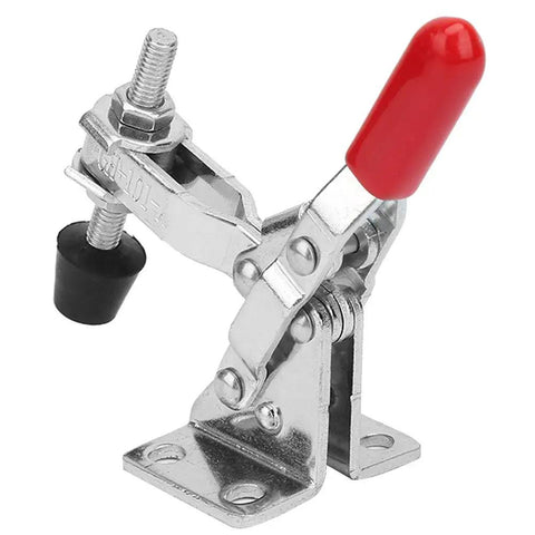Heavy Duty Vertical Toggle Clamp Quick Release Handle For Welding With Rust Proof Zinc Plated Steel And Easy Swivel Grip For Rough Job Sites Solid Lockdown No Sweat Setup Guaranteed, close-up view.