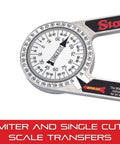Close-up of ProSite Miter Protractor Angle Finder With Two Laser Engraved Scales For Carpenters, Plumbers, And DIY Home Improvement, 7 Inch Narrow Plastic, 505P-7 showing scale.