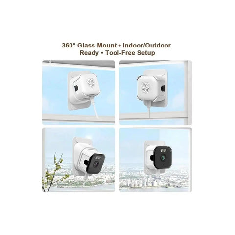 Hella Crisp 2K Cube Security Camera With Window Lens And Dual Band WiFi Live View mounted on glass; indoor and outdoor setup.
