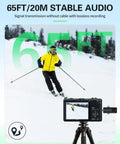 Wireless Lavalier Microphone Kit For iPhone Android Camera And PC Quad Mic Setup showing skier on camera display
