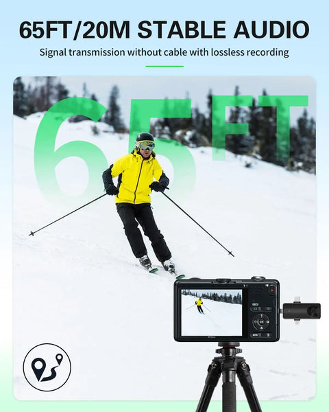 Wireless Lavalier Microphone Kit For iPhone Android Camera And PC Quad Mic Setup showing skier on camera display