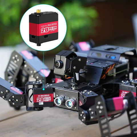 Heavy Duty Serial Bus Servo With Mounting Bracket And Plug And Play Setup Offering Badass Twenty Kilogram Torque Plus Dual Ball Bearings For Rad Robot Builds And Tight Diy Engineering Workspaces on a robotic frame.