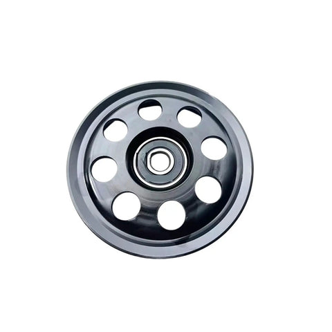 Smooth Drive Serpentine Idler Pulley That Fits Subaru Cars with a shiny black finish and multiple holes for belt alignment.
