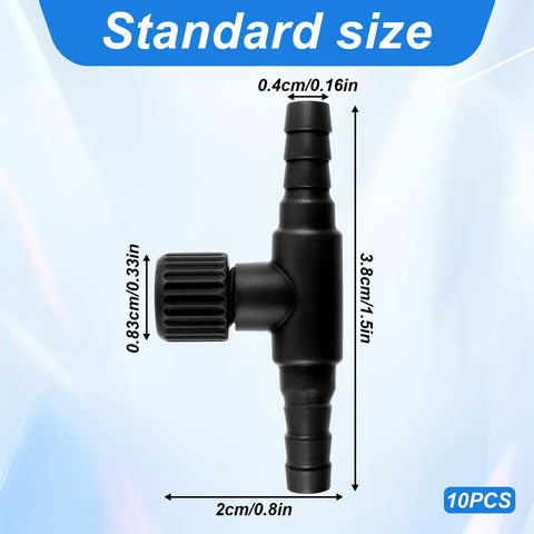 10 Pack T Shaped Aquarium Air Valves One Way Flow Regulator Kit for Fish Tank Air Pump Accessories Fits 3/16 Inch ID Tubing Black Durable Plastic for Easy Airflow Control, black valve with size labels
