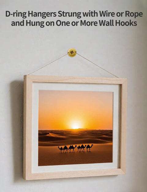 140 Piece Rock Solid D Ring Picture Hanger Screw Kit With Single And Double Hole D Rings For Hanging Heavy Frames Mirrors Canvas Wall Art With Easy Mounting Hardware For Quick Room Glow Up, D-ring hangers on a picture frame.